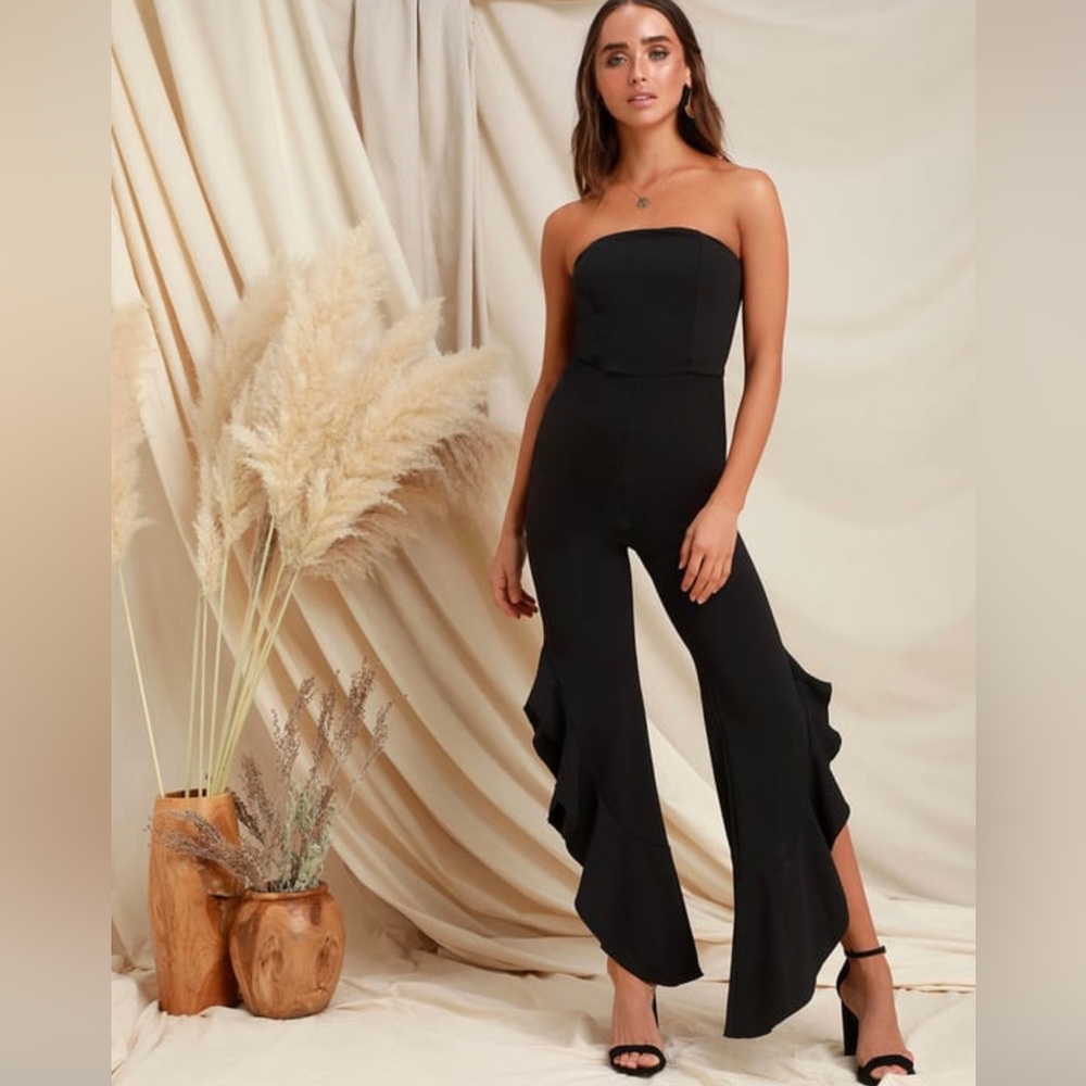 Lulus Black Strapless Ruffle Leg Jumpsuit